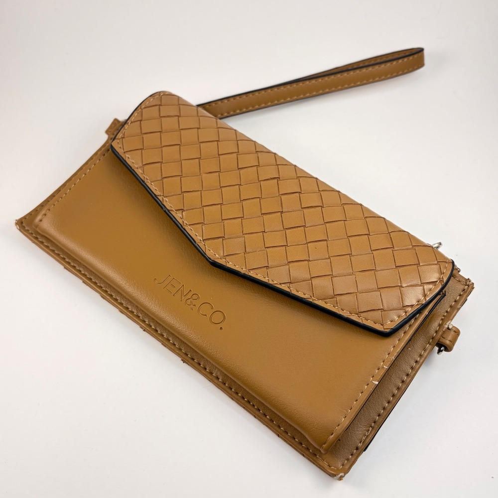 Jen & Co Tan Vegan Leather Woven Wristlet Wallet Phone Case Clutch
